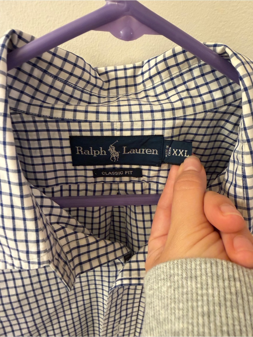 Ralph Lauren Men's White Shirt with Navy Windowpane Check
